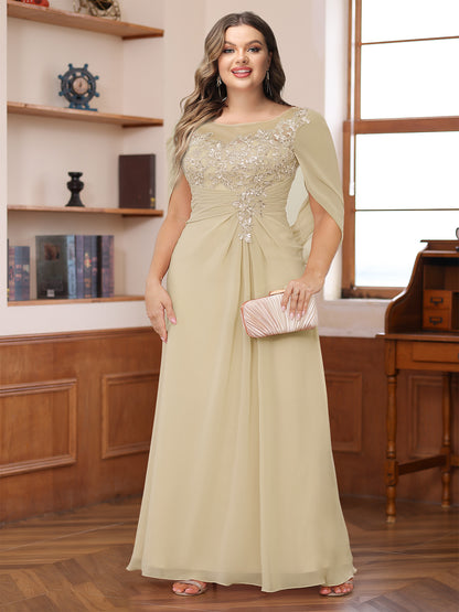 A-Line/Princess Illusion Scoop Appliques Ruched Plus Size Mother of the Bride Dresses with Cape