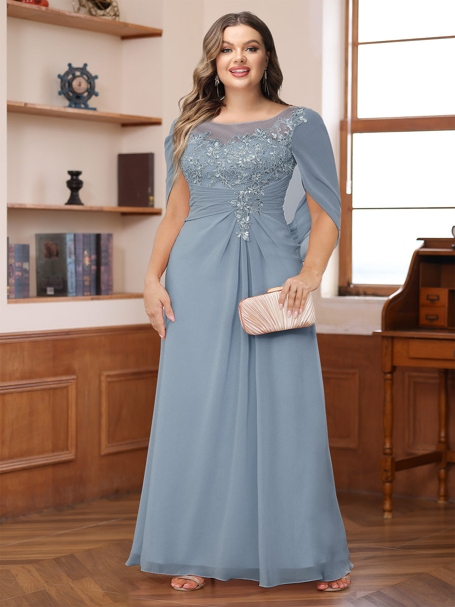A-Line/Princess Illusion Scoop Appliques Ruched Plus Size Mother of the Bride Dresses with Cape