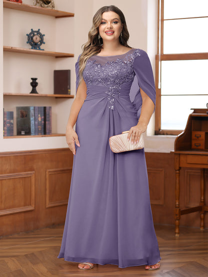 A-Line/Princess Illusion Scoop Appliques Ruched Plus Size Mother of the Bride Dresses with Cape