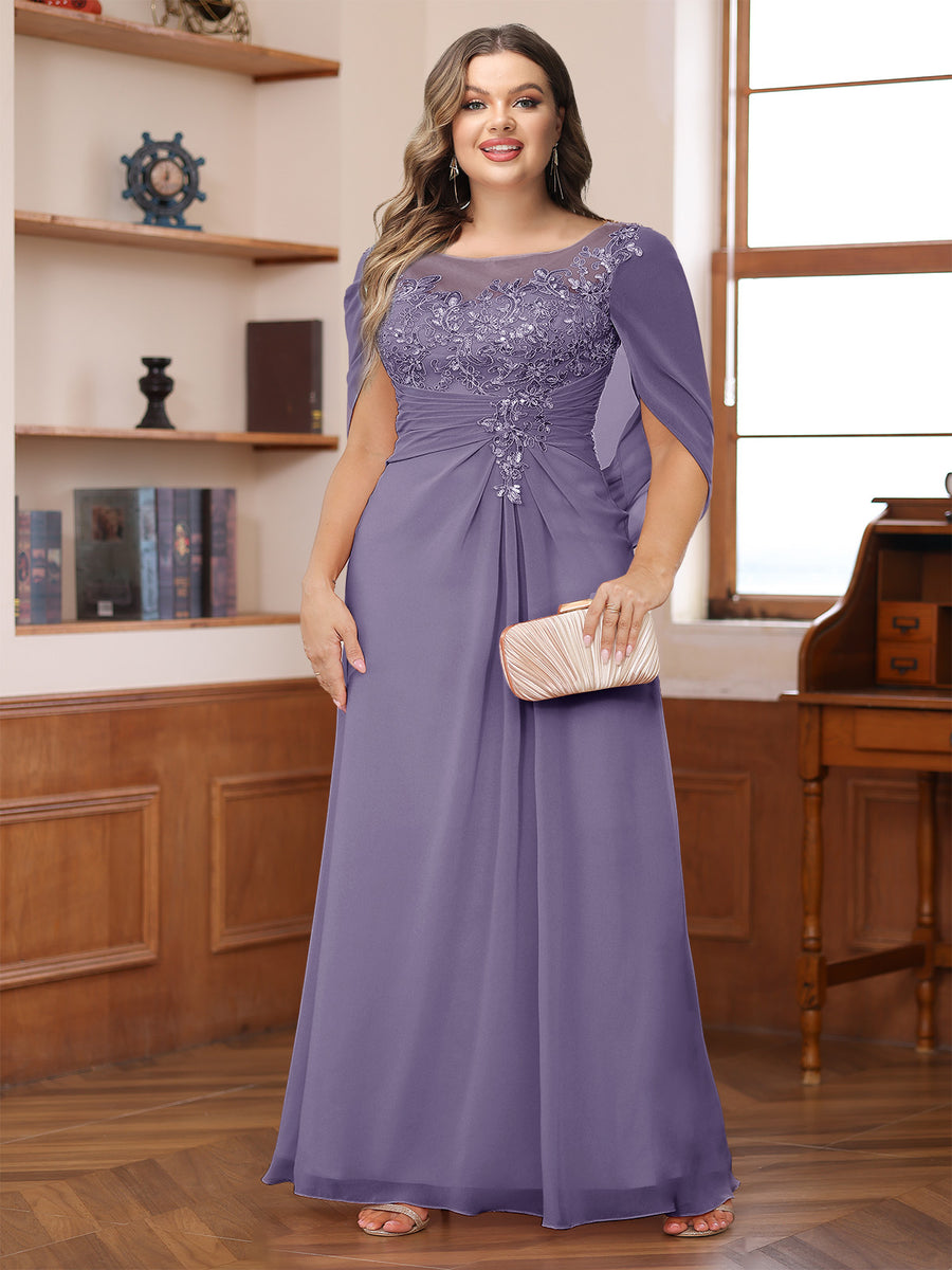 A-Line/Princess Illusion Scoop Appliques Ruched Plus Size Mother of the Bride Dresses with Cape