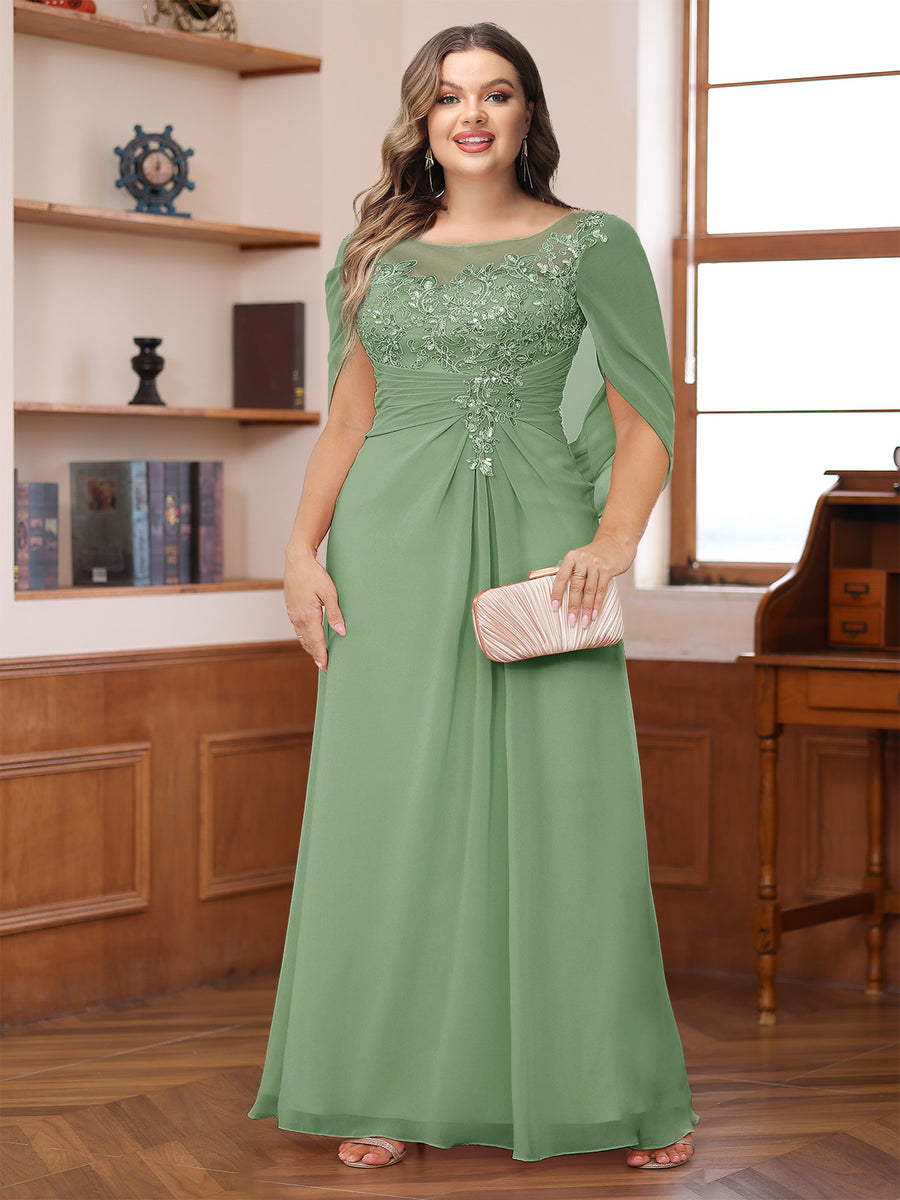 A-Line/Princess Illusion Scoop Appliques Ruched Plus Size Mother of the Bride Dresses with Cape