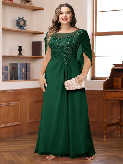 A-Line/Princess Illusion Scoop Appliques Ruched Plus Size Mother of the Bride Dresses with Cape