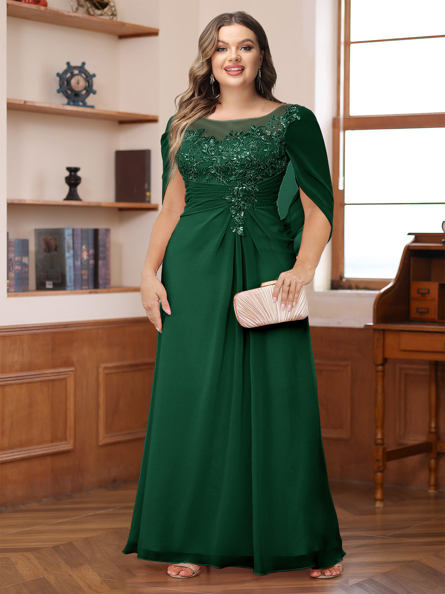 A-Line/Princess Illusion Scoop Appliques Ruched Plus Size Mother of the Bride Dresses with Cape