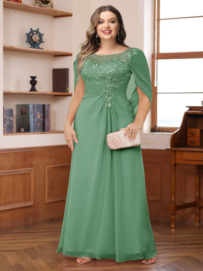 A-Line/Princess Illusion Scoop Appliques Ruched Plus Size Mother of the Bride Dresses with Cape