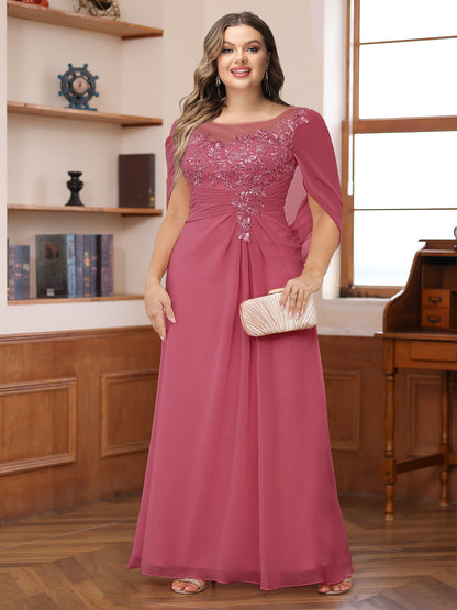 A-Line/Princess Illusion Scoop Appliques Ruched Plus Size Mother of the Bride Dresses with Cape