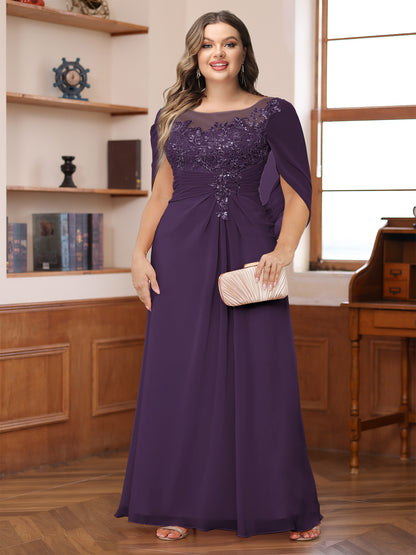 A-Line/Princess Illusion Scoop Appliques Ruched Plus Size Mother of the Bride Dresses with Cape