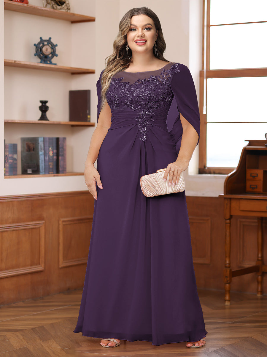 A-Line/Princess Illusion Scoop Appliques Ruched Plus Size Mother of the Bride Dresses with Cape