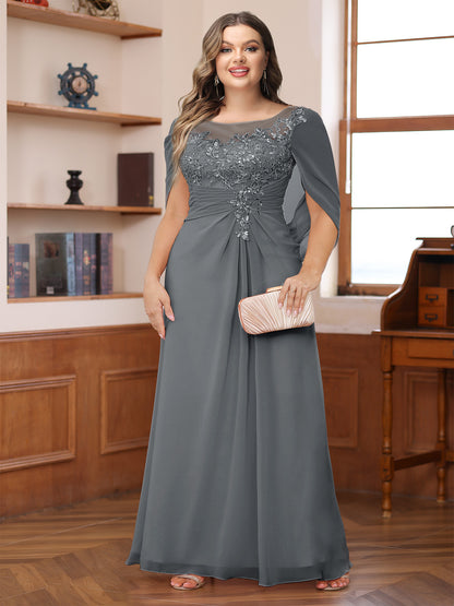 A-Line/Princess Illusion Scoop Appliques Ruched Plus Size Mother of the Bride Dresses with Cape
