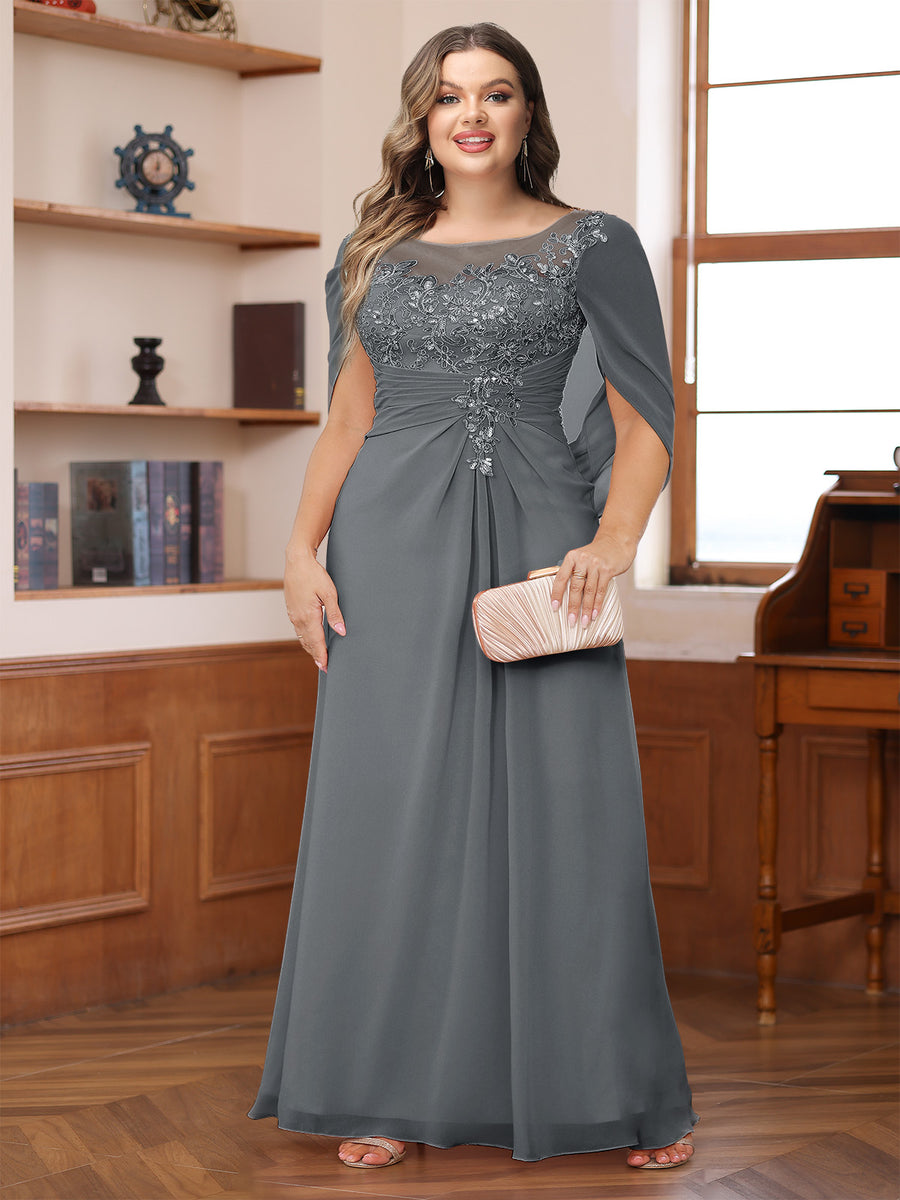A-Line/Princess Illusion Scoop Appliques Ruched Plus Size Mother of the Bride Dresses with Cape