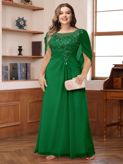 A-Line/Princess Illusion Scoop Appliques Ruched Plus Size Mother of the Bride Dresses with Cape