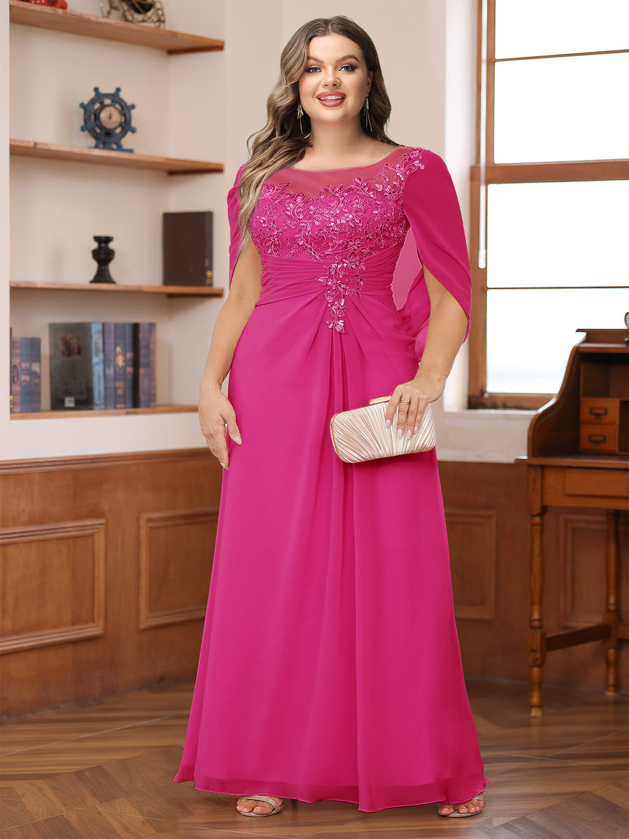 A-Line/Princess Illusion Scoop Appliques Ruched Plus Size Mother of the Bride Dresses with Cape