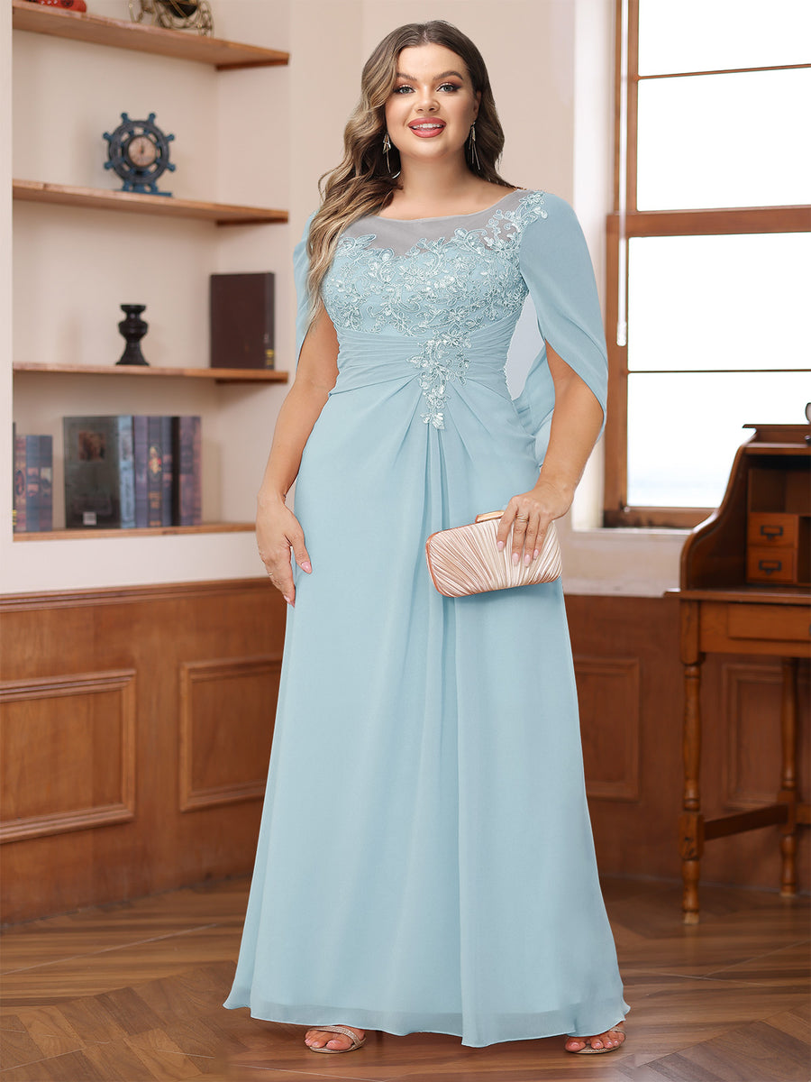 A-Line/Princess Illusion Scoop Appliques Ruched Plus Size Mother of the Bride Dresses with Cape