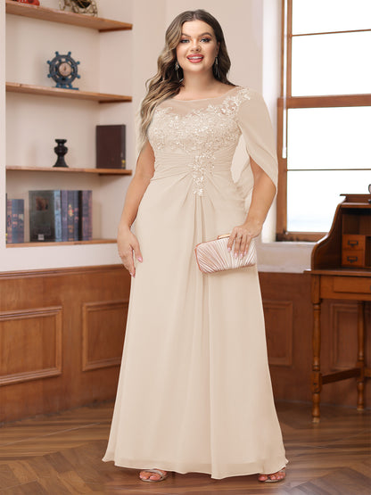 A-Line/Princess Illusion Scoop Appliques Ruched Plus Size Mother of the Bride Dresses with Cape