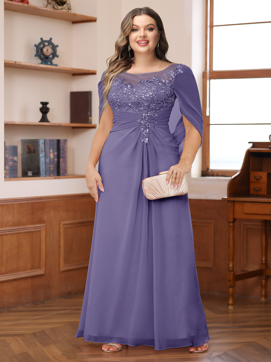 A-Line/Princess Illusion Scoop Appliques Ruched Plus Size Mother of the Bride Dresses with Cape