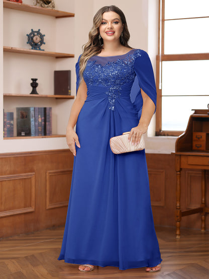 A-Line/Princess Illusion Scoop Appliques Ruched Plus Size Mother of the Bride Dresses with Cape