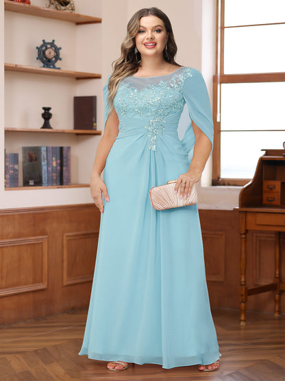 A-Line/Princess Illusion Scoop Appliques Ruched Plus Size Mother of the Bride Dresses with Cape