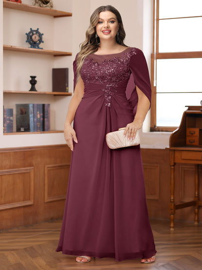 A-Line/Princess Illusion Scoop Appliques Ruched Plus Size Mother of the Bride Dresses with Cape