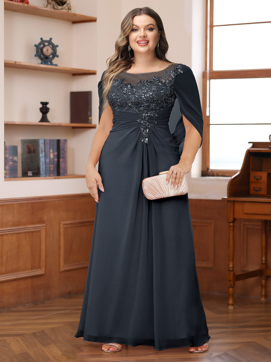 A-Line/Princess Illusion Scoop Appliques Ruched Plus Size Mother of the Bride Dresses with Cape