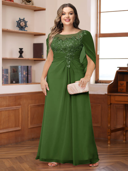A-Line/Princess Illusion Scoop Appliques Ruched Plus Size Mother of the Bride Dresses with Cape