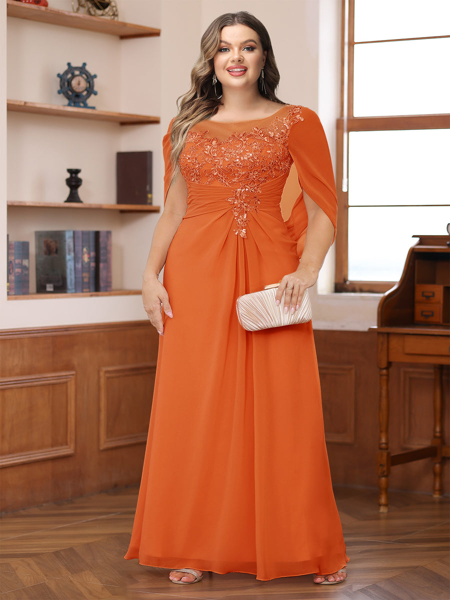 A-Line/Princess Illusion Scoop Appliques Ruched Plus Size Mother of the Bride Dresses with Cape