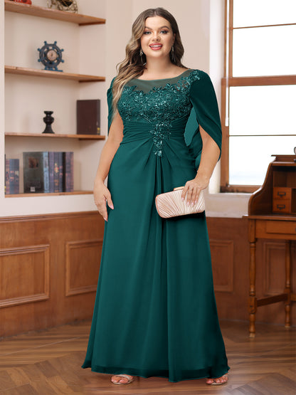 A-Line/Princess Illusion Scoop Appliques Ruched Plus Size Mother of the Bride Dresses with Cape
