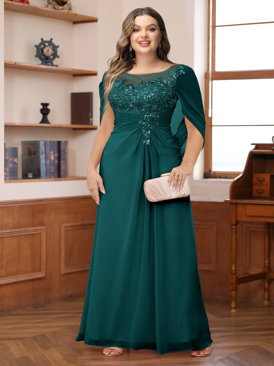 A-Line/Princess Illusion Scoop Appliques Ruched Plus Size Mother of the Bride Dresses with Cape