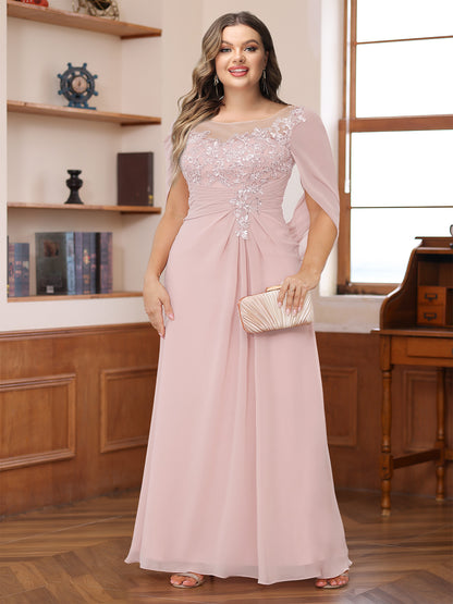 A-Line/Princess Illusion Scoop Appliques Ruched Plus Size Mother of the Bride Dresses with Cape