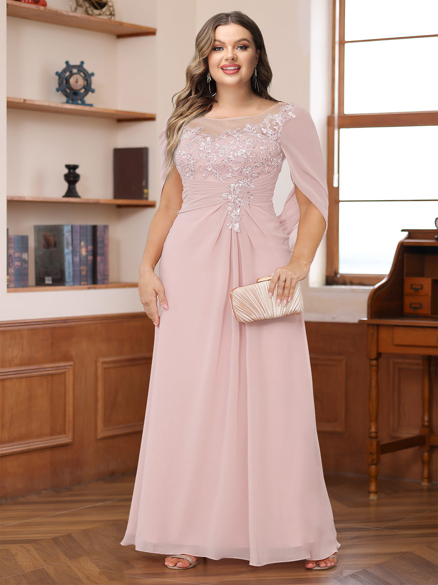 A-Line/Princess Illusion Scoop Appliques Ruched Plus Size Mother of the Bride Dresses with Cape