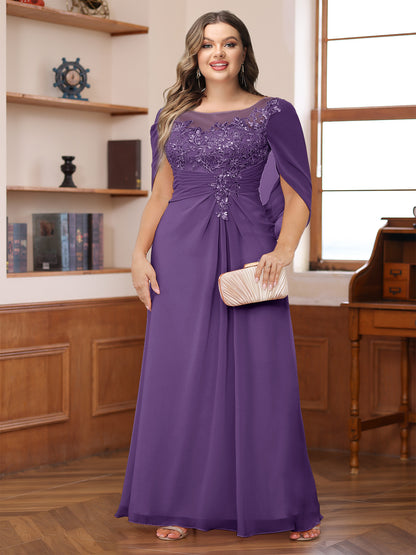 A-Line/Princess Illusion Scoop Appliques Ruched Plus Size Mother of the Bride Dresses with Cape
