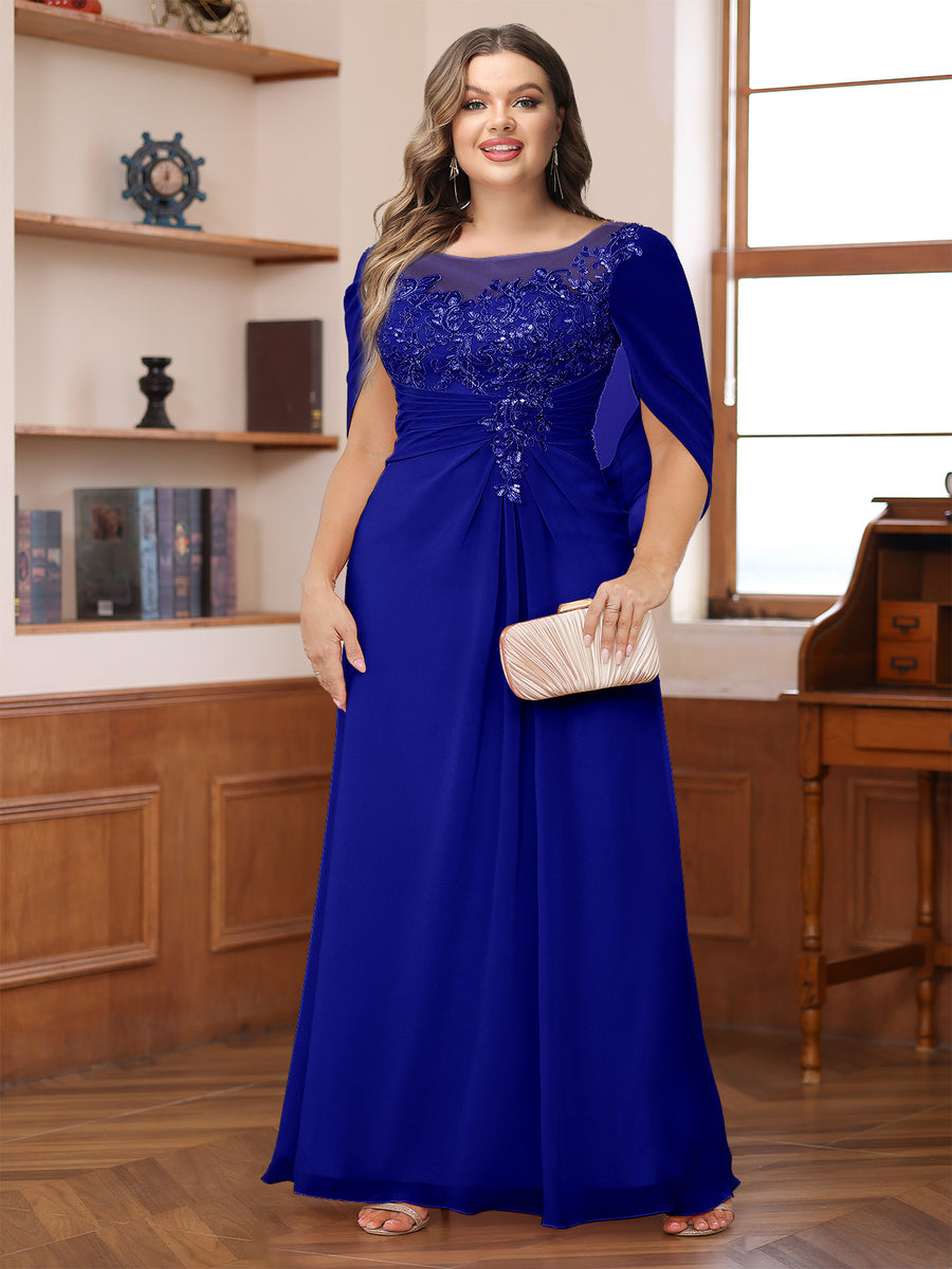 A-Line/Princess Illusion Scoop Appliques Ruched Plus Size Mother of the Bride Dresses with Cape