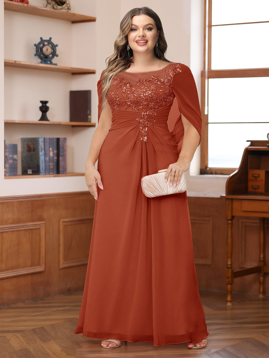 A-Line/Princess Illusion Scoop Appliques Ruched Plus Size Mother of the Bride Dresses with Cape