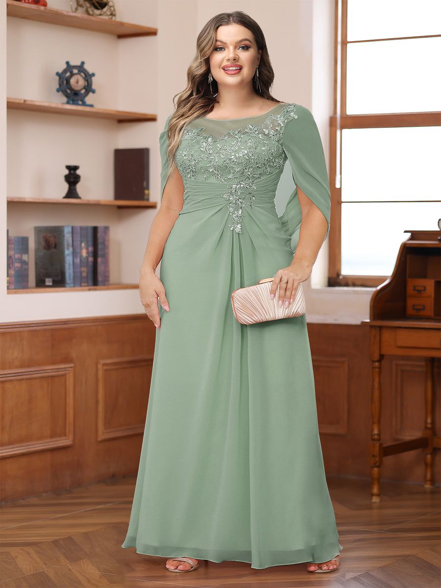 A-Line/Princess Illusion Scoop Appliques Ruched Plus Size Mother of the Bride Dresses with Cape
