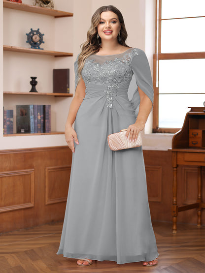 A-Line/Princess Illusion Scoop Appliques Ruched Plus Size Mother of the Bride Dresses with Cape
