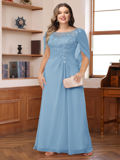 A-Line/Princess Illusion Scoop Appliques Ruched Plus Size Mother of the Bride Dresses with Cape