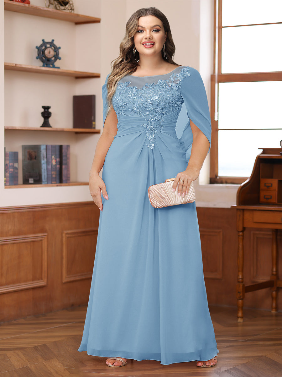 A-Line/Princess Illusion Scoop Appliques Ruched Plus Size Mother of the Bride Dresses with Cape