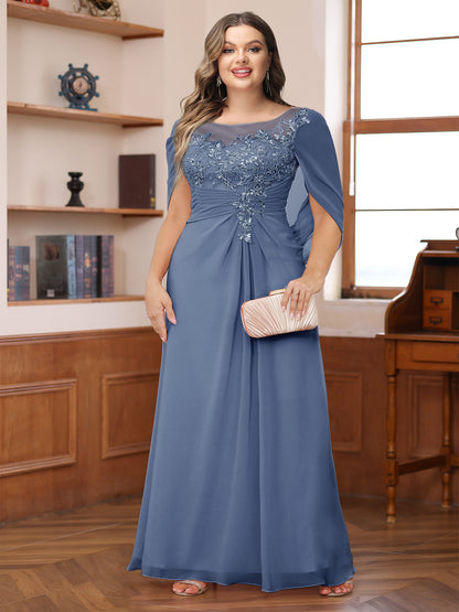 A-Line/Princess Illusion Scoop Appliques Ruched Plus Size Mother of the Bride Dresses with Cape