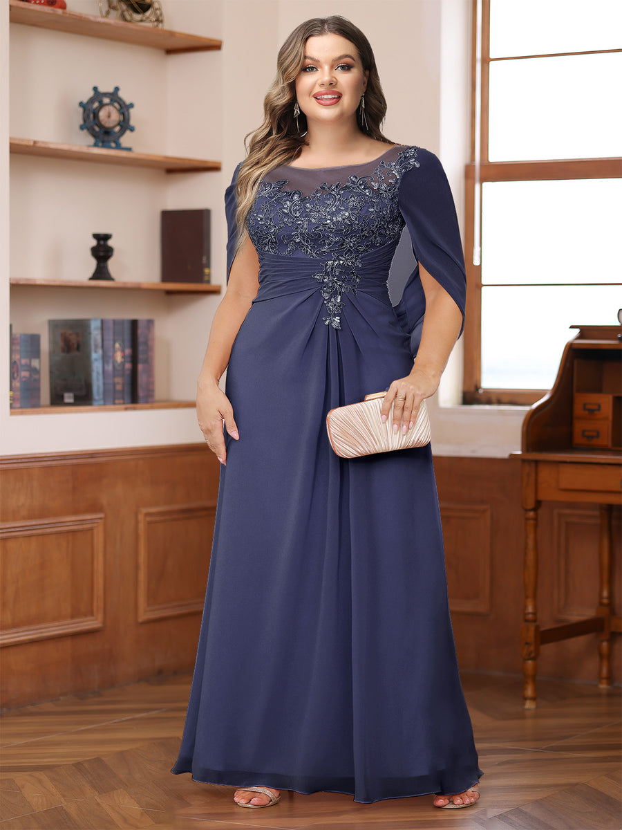 A-Line/Princess Illusion Scoop Appliques Ruched Plus Size Mother of the Bride Dresses with Cape