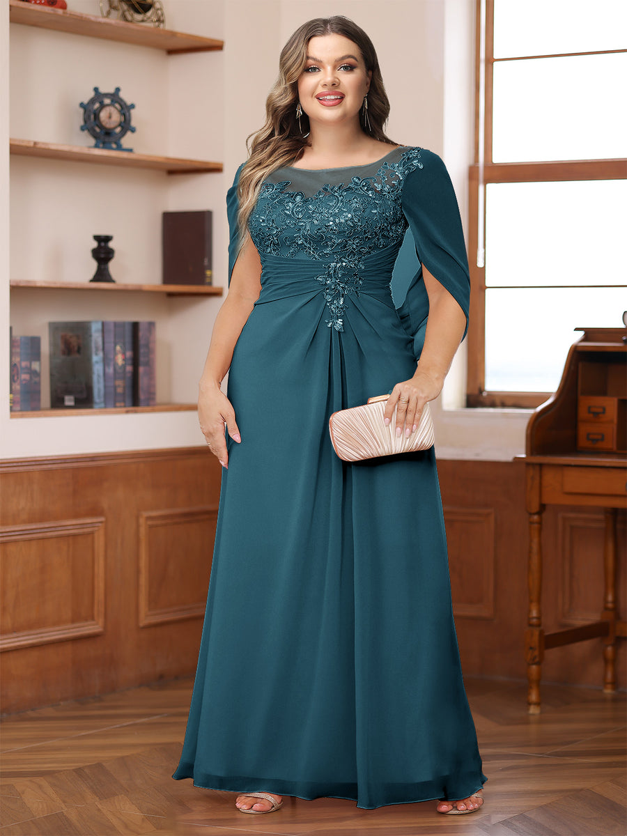 A-Line/Princess Illusion Scoop Appliques Ruched Plus Size Mother of the Bride Dresses with Cape