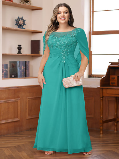 A-Line/Princess Illusion Scoop Appliques Ruched Plus Size Mother of the Bride Dresses with Cape
