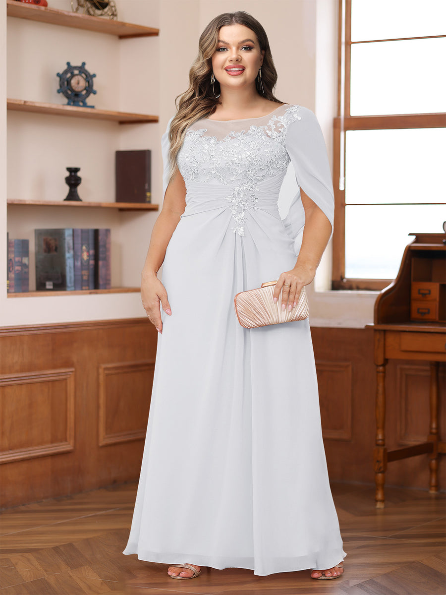 A-Line/Princess Illusion Scoop Appliques Ruched Plus Size Mother of the Bride Dresses with Cape