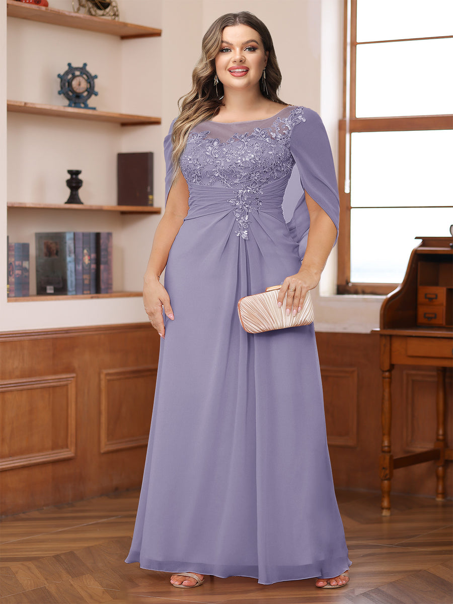 A-Line/Princess Illusion Scoop Appliques Ruched Plus Size Mother of the Bride Dresses with Cape