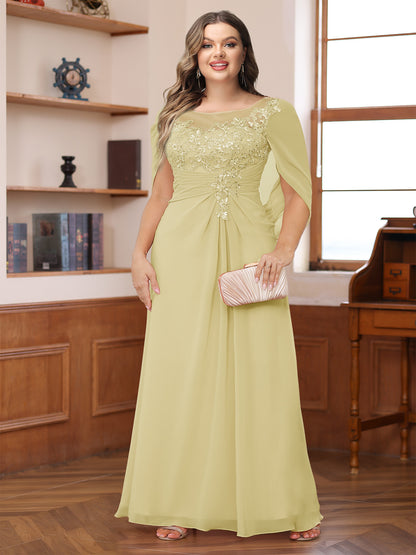 A-Line/Princess Illusion Scoop Appliques Ruched Plus Size Mother of the Bride Dresses with Cape