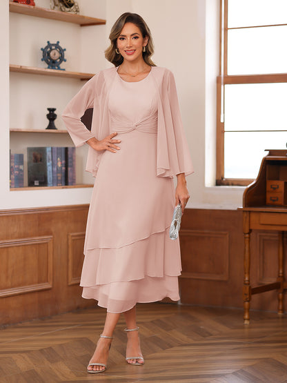 A-Line/Princess Scoop Two Pieces Tiered Mother of the Bride Dresses with Jacket