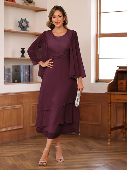 A-Line/Princess Scoop Two Pieces Tiered Mother of the Bride Dresses with Jacket