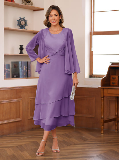 A-Line/Princess Scoop Two Pieces Tiered Mother of the Bride Dresses with Jacket