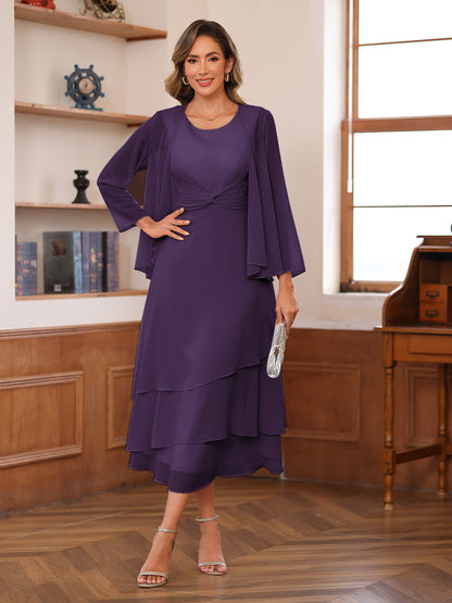 A-Line/Princess Scoop Two Pieces Tiered Mother of the Bride Dresses with Jacket