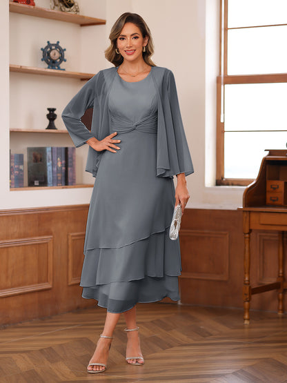 A-Line/Princess Scoop Two Pieces Tiered Mother of the Bride Dresses with Jacket