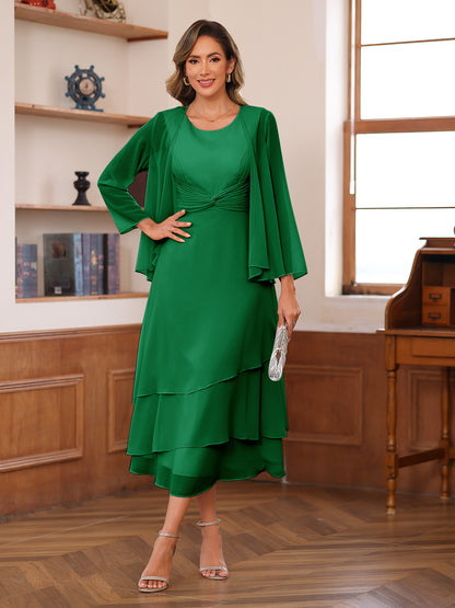 A-Line/Princess Scoop Two Pieces Tiered Mother of the Bride Dresses with Jacket