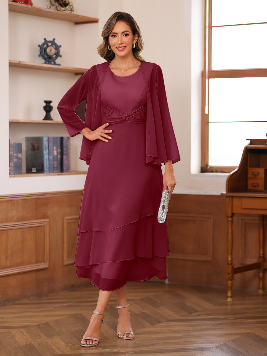 A-Line/Princess Scoop Two Pieces Tiered Mother of the Bride Dresses with Jacket