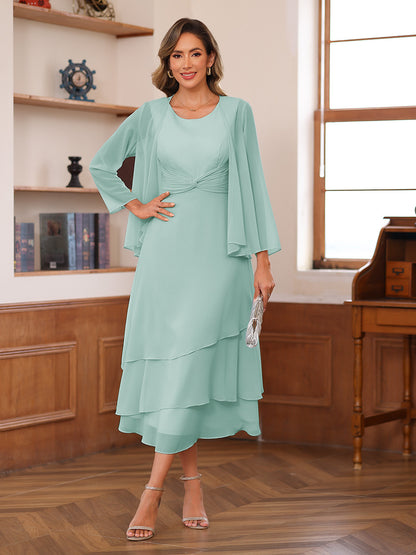 A-Line/Princess Scoop Two Pieces Tiered Mother of the Bride Dresses with Jacket